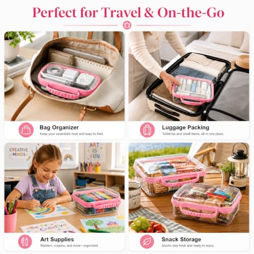 Clear Hard Shell Zipper Case 3PCS Set, 1.2mm PET Travel Organizer | Deep waterproof stackable storage pouches with handle. Heavy duty clear zipper bags for travel, makeup, toys and snacks - color: Pink
