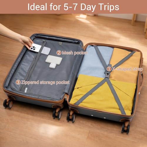 Kono Large Suitcase 28in Expandable ABS+PC 8pcs Silent Wheels Black/Brown - color: Black, size: Checked-Large 28-Inch