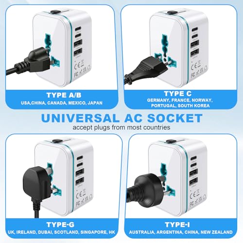 Universal Travel Adapter Worldwide, Multi Plugs Adapter with 2 USB-C & 2 USB-A, All-in-One AC Ports Wall Charger, International Power Converter for EU US UK AUS JP 200+ Countries (White) - color: WHITE