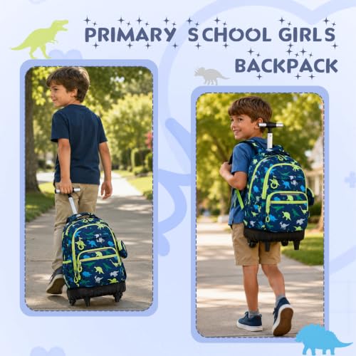 3 PCS Dinosaur Rolling Backpack for Boys Girls with Lunch Bag - color: Green Dinosaur