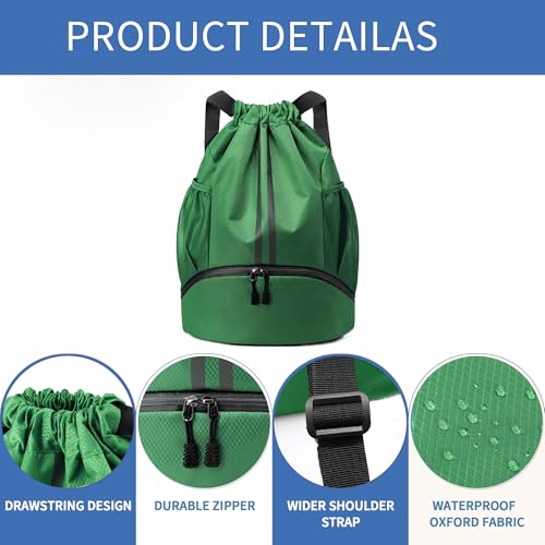 JELUTAR Drawstring Backpack Gym Bag with Shoes Pocket, Dark Green - color: Dark Green, size: Medium