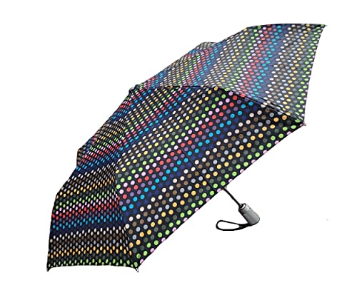 totes Automatic Eco Open Close Water-Resistant Travel Folding Umbrella with Sun Protection - color: Black/Black Dot
