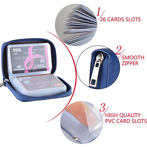 Easyoulife Genuine Leather Credit Card Holder Zipper Wallet With 26 Card Slots - color: Blue, size: small