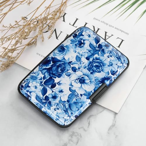 ELFISH RFID Aluminum Wallet Credit Card Protector Case Holder for Men Women - color: Blue and White Peony