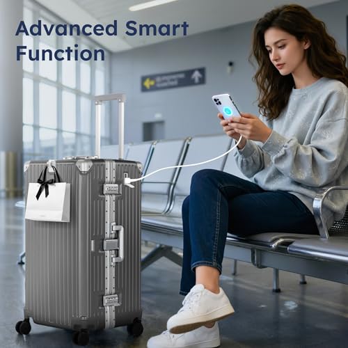 ALPHA CAMP Trunk Luggage 26 Inch with Aluminum Frame Zipperless Suitcase - color: Grey, size: 26 Inch