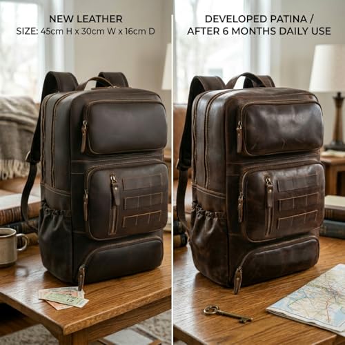 Full Grain Leather Backpack for Men, 17" Laptop Travel Rucksack, Brown - size: fits 17" laptop