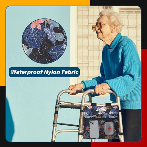 supregear Walker 사이드 백, 접이식 워커용 방수 액세서리 바스켓 파우치, 경량 핸즈프리 보관 캐리어 토트, 범용 사이즈 노인 캐디 부착물, 블랙 보태니컬 플로럴 - color: 블랙 보태니컬 플로럴