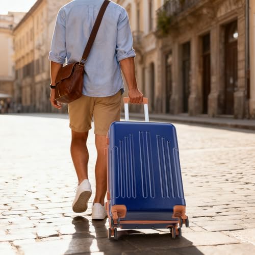 Karl home 28in Checked Luggage, Large Suitcase with Wheels, Blue & Brown - color: Navy Blue & Brown, size: 28 Inch
