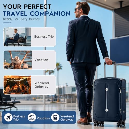 Carry On Luggage 22x14x9 Airline Approved, Softside Expandable Lightweight Travel Suitcase with Spinner Wheels (Blue, Checked-Medium 24 inch) - color: Blue, size: Checked-Medium 24 inch