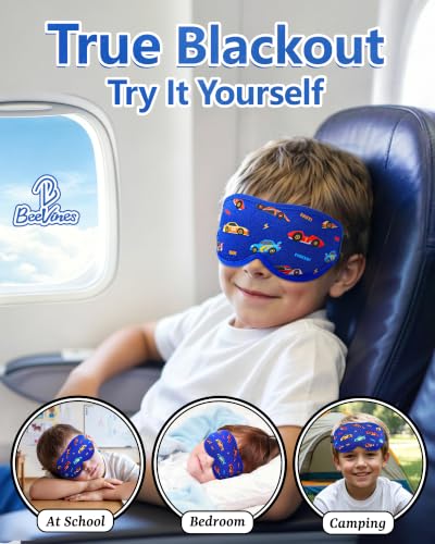 BeeVines Kids 3D Contoured Sleep Mask, 100% Blackout Sleeping Eye Masks for Boys, Pressure-free Memory Foam Cushioned Eye Cover, Adjustable Strap, for Travel Gifts (Racing Car)