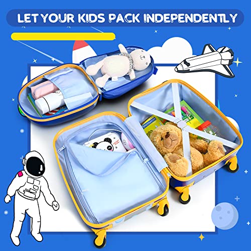 GYMAX Kids Carry On Luggage Set, 12" & 16" 2PCS Rolling Suitcase - color: Rocket & Astronaut