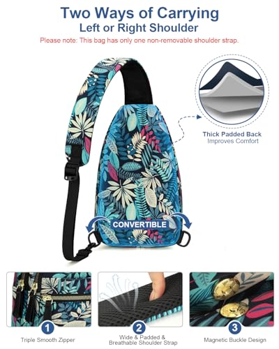 Capolo Crossbody Bags for Women Waterproof Sling Shoulder Bag Fanny Pack - color: Blue Leaves, size: Medium
