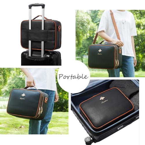 Large Travel Makeup bag, Leather Artist Makeup Train Case Cosmetic Storage Organizer Box with Adjustable Dividers for Makeup Brushes Toiletry - Black - color: Black