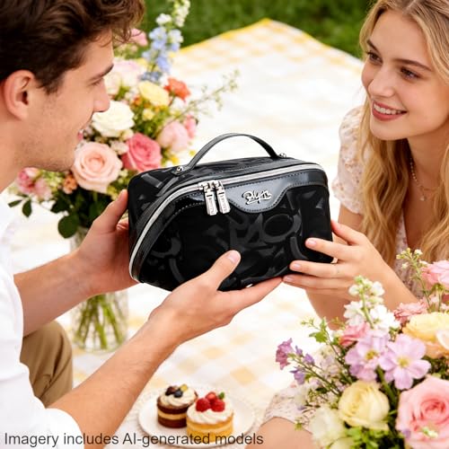 BOYATU Makeup Bag, Makeup Organizer, Toiletry Travel Bag for Women - Black | 3 Pcs Vegan Leather Cosmetic Bag with Compartments - Waterproof Large Capacity Toiletry Bag - 180° Open-Flat Makeup Organizer - color: D-2-Black