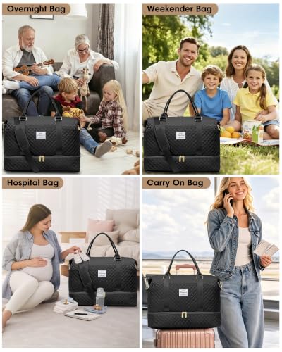 Weekender Travel Duffle Bag for Women: Overnight Bags with Shoe Compartment - color: 1-Black, size: Large