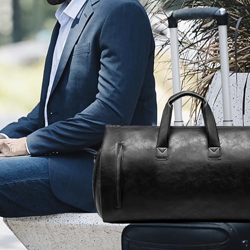 Leather Garment Bag,Convertible Garment Duffel Bag for Travel Mens Suit Bag 2 in 1 Waterproof Foldable Carry on Garment Bag with Shoulder Strap Weekender Bag with Shoe Pouch - color: PU-Black