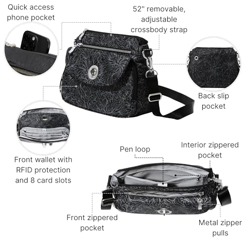 Baggallini Calais Crossbody Bags for Women 10x7 Lightweight Water-Resistant Travel Purse, RFID & Interior Organization - color: Midnight Blossom