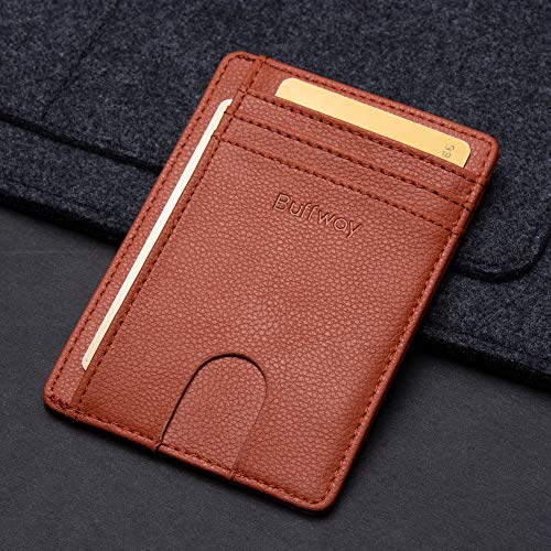Buffway Slim Minimalist Front Pocket RFID Blocking Leather Wallets for Men and Women - Lichee Light Brown - color: Lichee Light Brown