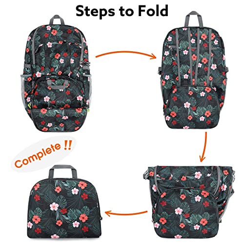 G4Free 40L Lightweight Packable Hiking Backpack, Waterproof Travel Daypack - color: Flower Black
