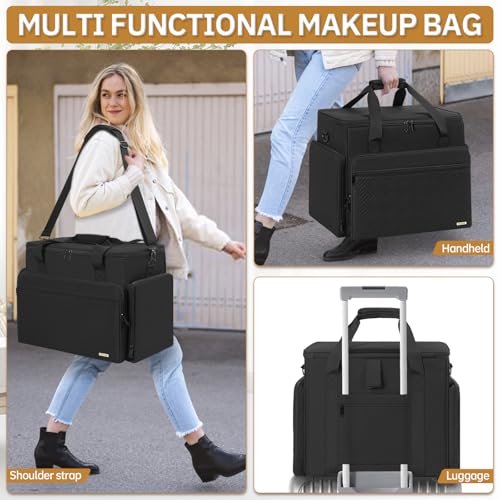 Extra Large Makeup Bag with 3 Removable Pouches and 1 Brush Holder - color: Black