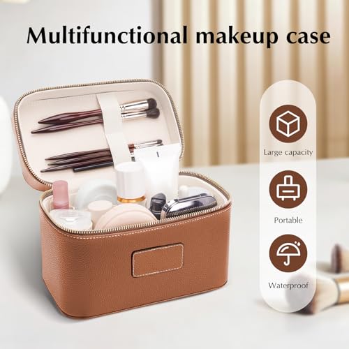 Makeup Case for Women, Leather Makeup Bag Cosmetic Case with Removable Divider, Large Capacity Waterproof Portable Travel Toiletry Make up Organizer Case - color: Light Brown