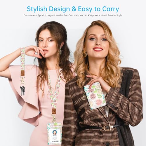 2-in-1 ID Badge Holder & Lanyard Wallet,Cute Zippered Pouch Flowers - color: Flowers