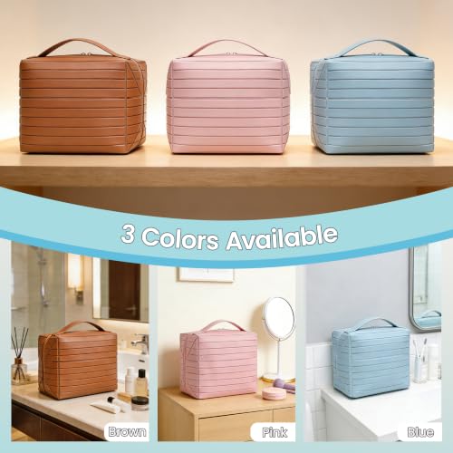 Fold Down Standing Makeup Bag – Large Travel Toiletry Organizer (Blue) - color: Blue