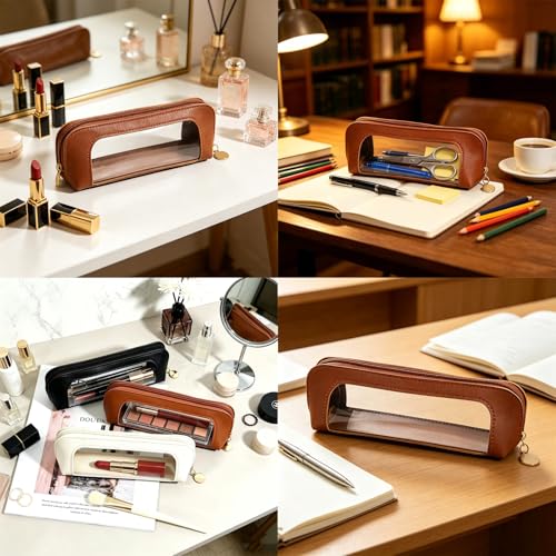 Brown Clear Makeup Bag, PU Leather Travel Makeup Brush Holder - color: Brown
