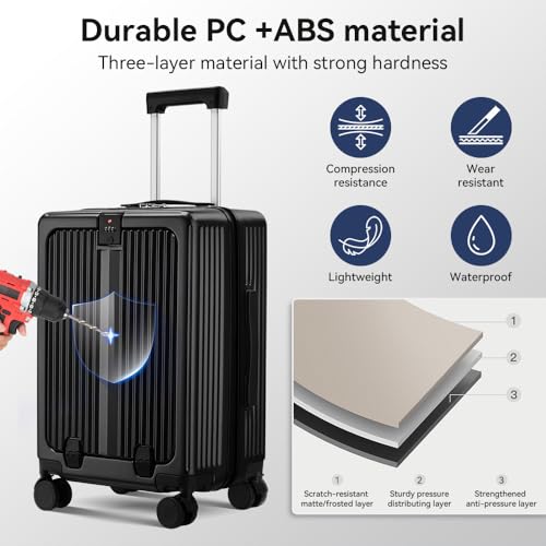 Front Pocket Carry On Luggage 22x14x9 Airline Approved, Black - color: Black-SK, size: 20 Inch