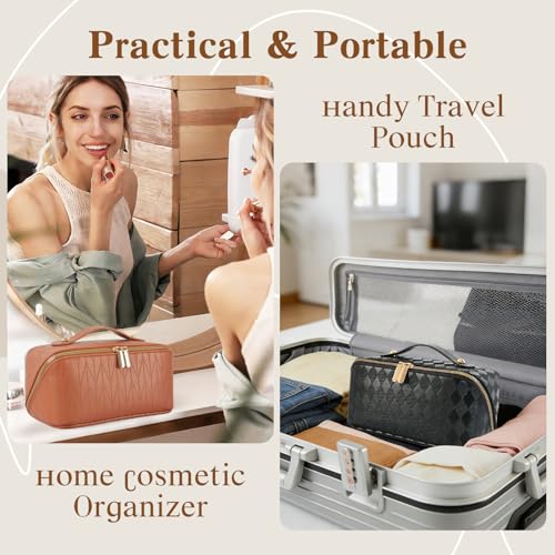 Travel Makeup Bag Large Capacity Cosmetic Bags for Women, Waterproof Toiletry Bag Open Flat Makeup Bag with Compartments and Handle, Portable Cosmetic Organizer Pouch, Diamond Black - color: Diamond Black