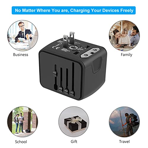 SAUNORCH Universal International Travel Power Adapter, AC Outlet | High Speed 2.4A USB & 3.0A Type-C Charger for Europe UK US AU Asia, Black