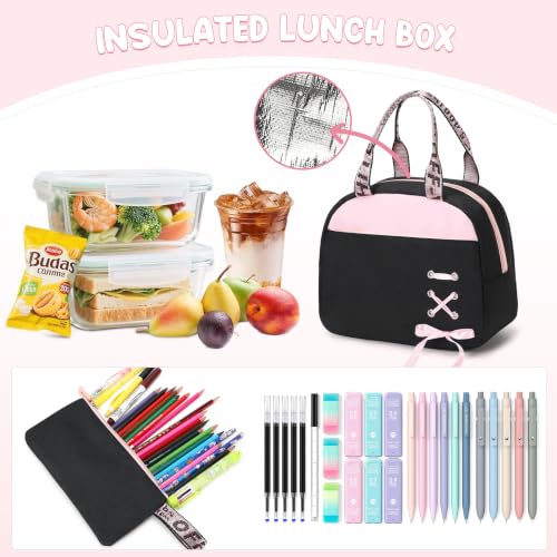 3PCS Backpack for Girls, Girls Backpack for School with Lunch Box Pencil Case, Cute Kids Teens Bookbag for Kindergarten Elementary Preschool Middle School Black Pink - color: Black Pink