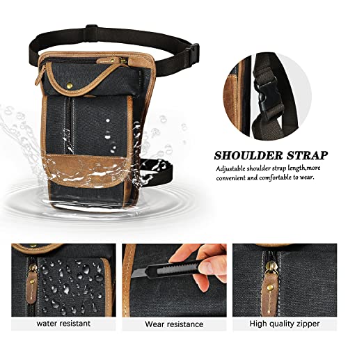 Water Resistant Canvas + Leather Motorcycle Travel Fanny Waist Pack Drop Thigh Leg Bag Pouch For Men Women FB913-5 - color: Y-3112-black