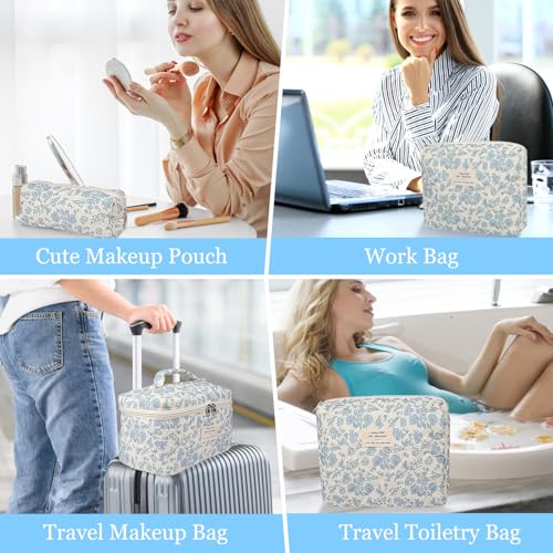 Gosect Makeup Bag Set, Quilted Makeup Bag, Large Floral Cosmetic Bag for Women, Cute Cotton Makeup Bags, Flower Travel Toiletry Organizer Bag (Blue Rose) - color: LMG