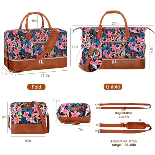 ITIEZY Weekender Bag for Women 21.5" Travel Duffel Large Carry On Bag 3PCS - color: 9-Black Fower