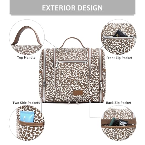 Pearl Angeli Hanging Travel Toiletry Bag for Women, Large Makeup Organizer - color: Khaki Lepoard