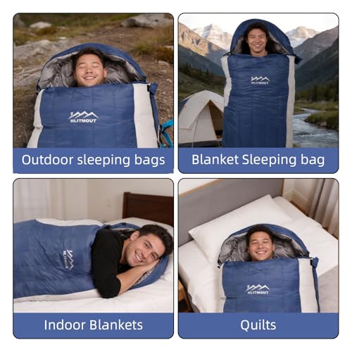 3-in-1 Lightweight Down Sleeping Bag for Adults and Teens | with Detachable Hood,Compact, 20°F 32°F 45°F Rectangular Down Blanket Sleeping Bag,Camping Hiking and Backpacking Outdoor - color: blue 1000g filling