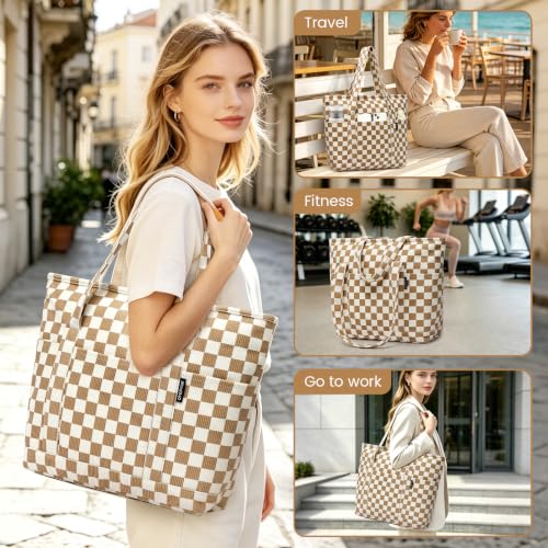 Large Canvas Tote Bag for Women, Beach Bag with Zipper, Utility Tote Bag with 3 Front Pockets, Weekender Pool Bag - color: Khaki