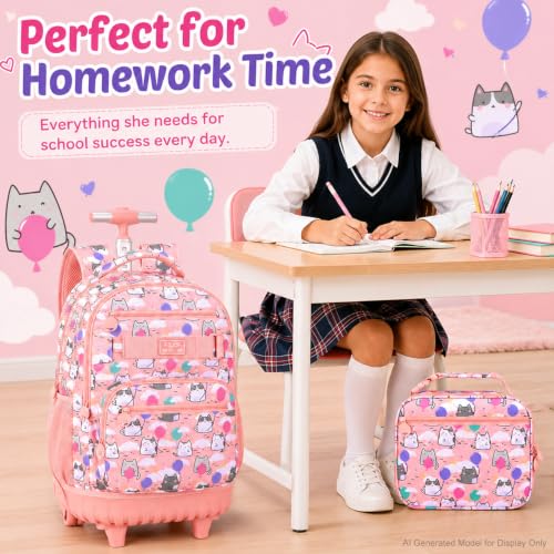 KLFVB Girls Rolling Backpack, 3PCS Womens Roller Bookbag with Lunch Bag for Kids, Wheeled School Bag for Children - Pink Cloud Cat - color: Pink Cloud Cat