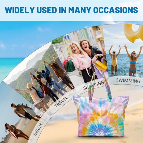 Large Beach Bag Waterproof Sandproof Beach Bags for Women Pool Tote Bags with Zipper Summer Swim Bag Foldable - color: Tie Dye