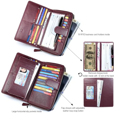 Big Fat RFID Blocking Leather Organizer Checkbook Wallets For Women - Clutch - color: Wine Red