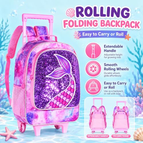 gxtvo Kids Rolling Backpack, Roller Wheels Boys Bookbag, Wheeled Suitcase Elementary School Bag-3PCS Dinosaur/Unicorn/Mermaid - color: Mermaid Pink