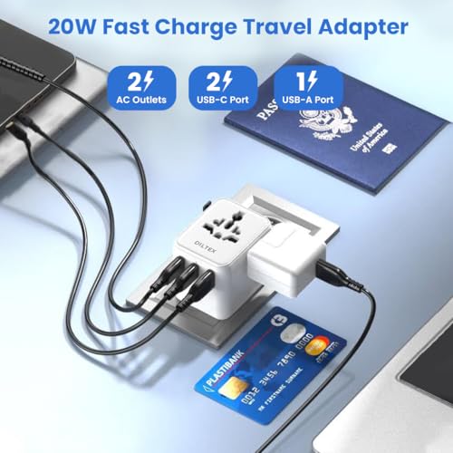 20W GaN III Fast Charging Travel Adapter – Dual USB-C & USB-A Ports with 2 AC Outlets & Dual 10A Overload Fuses – Universal Wall Charger for 200+ Countries – Power Adapter for Phones
