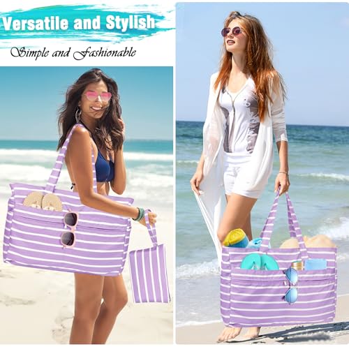 HUANLANG Extra Large Beach Bag Waterproof Beach Totes Bags for Women Men,Pool Bag with Zipper Wet Pocket - color: Purple White
