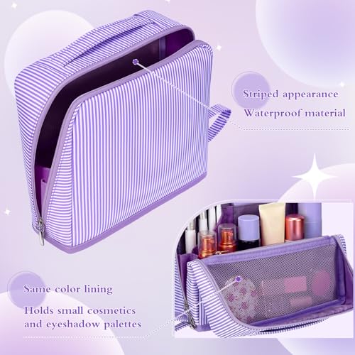 Striped Standing Makeup Bag Fold Down Organizer,Lavender - color: Lavender