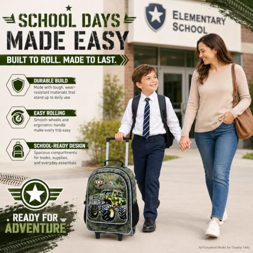 KLFVB Rolling Backpack for Girls Boys, Kids Roller Wheels School Bookbag with Lunch Bag, Wheeled School Bag for Children - color: UV Priting Camouflage Truck Rolling Backpack Set