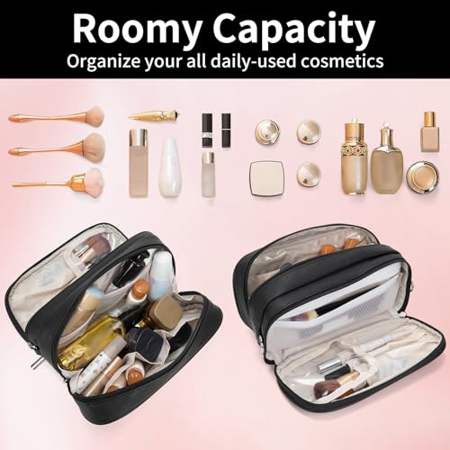 Large Makeup Bag for Women, PU Toiletry Bag with Compartment - color: Black