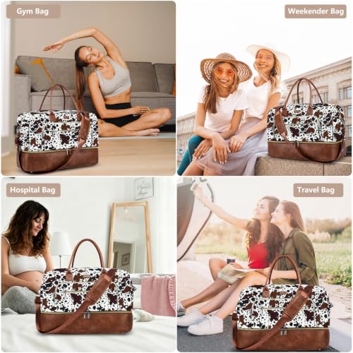 Large Women Travel Weekender Bag: Carry on Duffle with Shoe Compartment - color: Brown Cow Print