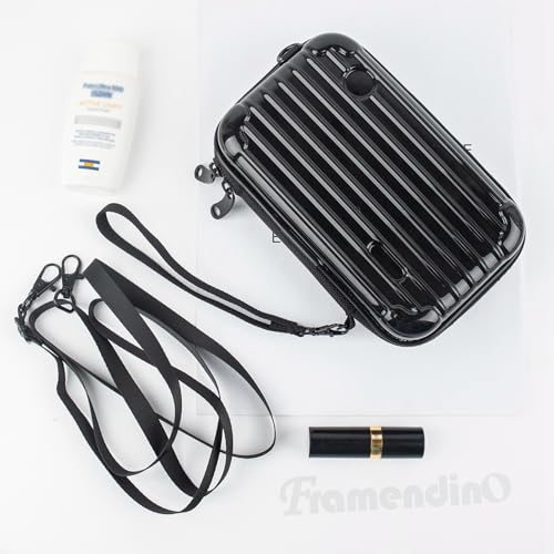 Framendino, Black Hard Shell Cosmetics Case Carrying Bag for Toiletry, Mini Cross Body Suitcase with Detachable Grip Rope and Shoulder Strap Women Travel - color: Black