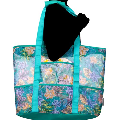 KABAQOO Mesh Beach Bag, Extra Large Beach Bags with 9 Pockets & Zipper Waterproof Lightweight Beach Tote for Beach/Pool Trip - color: Flower, size: X-Large